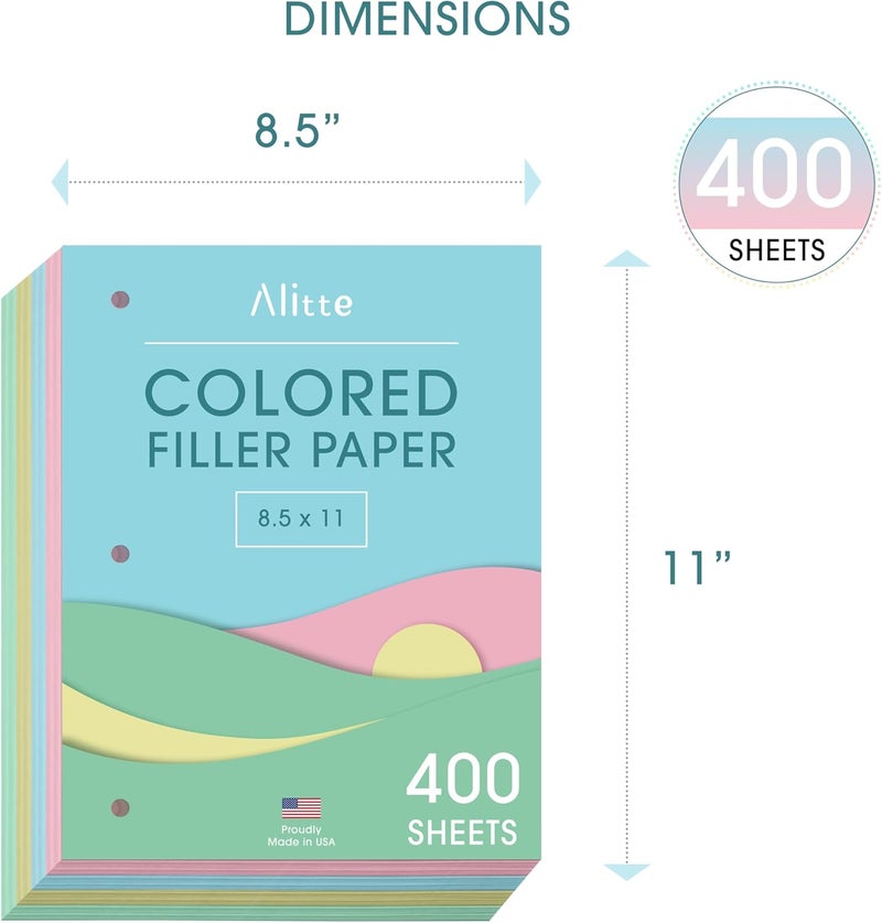 Alitte Colored Loose Leaf Paper, Wide Ruled, 400 Sheets (100/Pack) Filler Paper for Writing Notes - School, College, Office - 3 Hole-Punch Lined Sheets for Ring Binders, Pocket Folders - 8 x 10.5 - Image 3